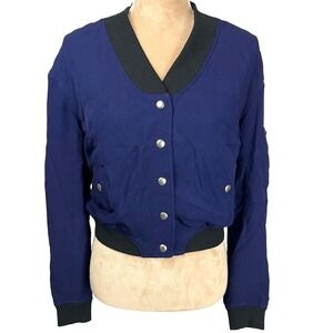 Rebecca Minkoff‎ Bomber Jacket Varsity Navy Blue/Black Silver Snaps Sz Medium